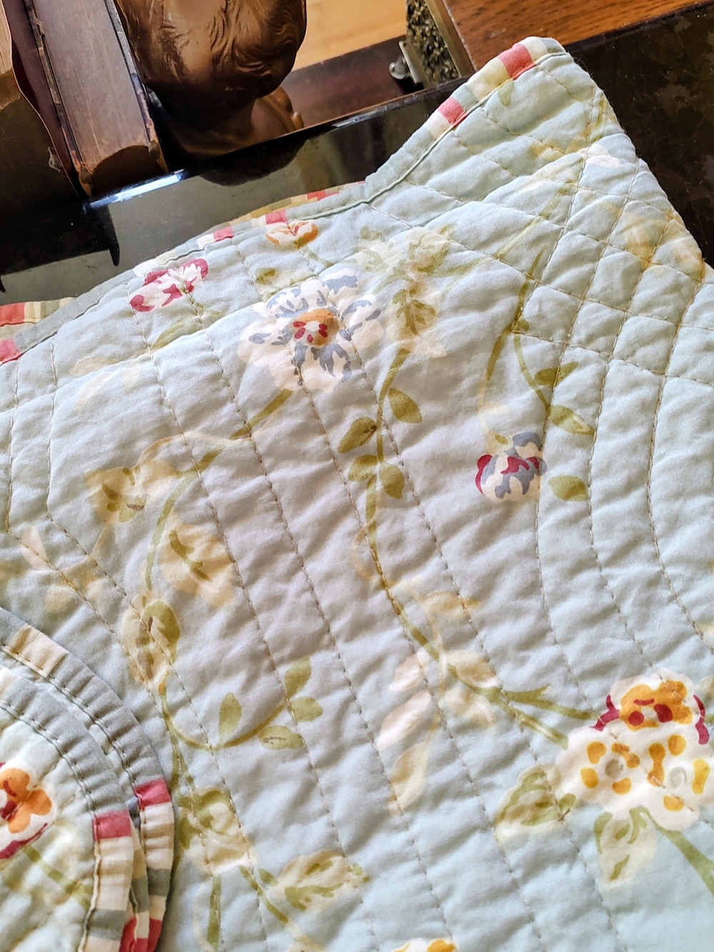 Waverly Pastel Floral Quilted Scalloped Queen Shams with Pink Trim - Picture 4 of 12